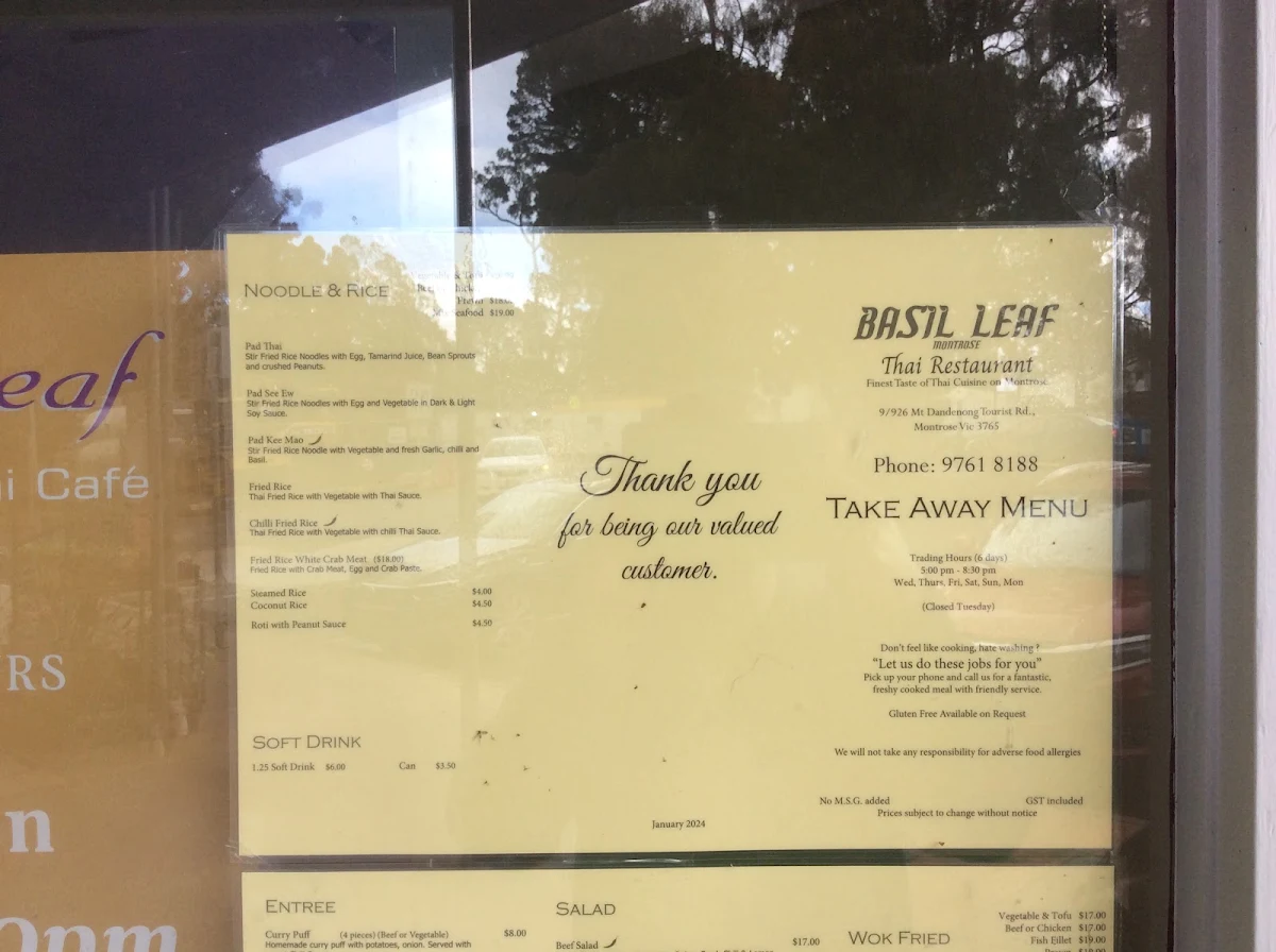 Menu, Basil Leaf Thai Restaurant