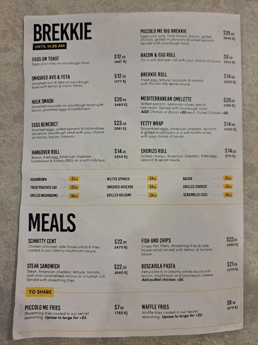 Menu, PiccoloMe Bella Vista