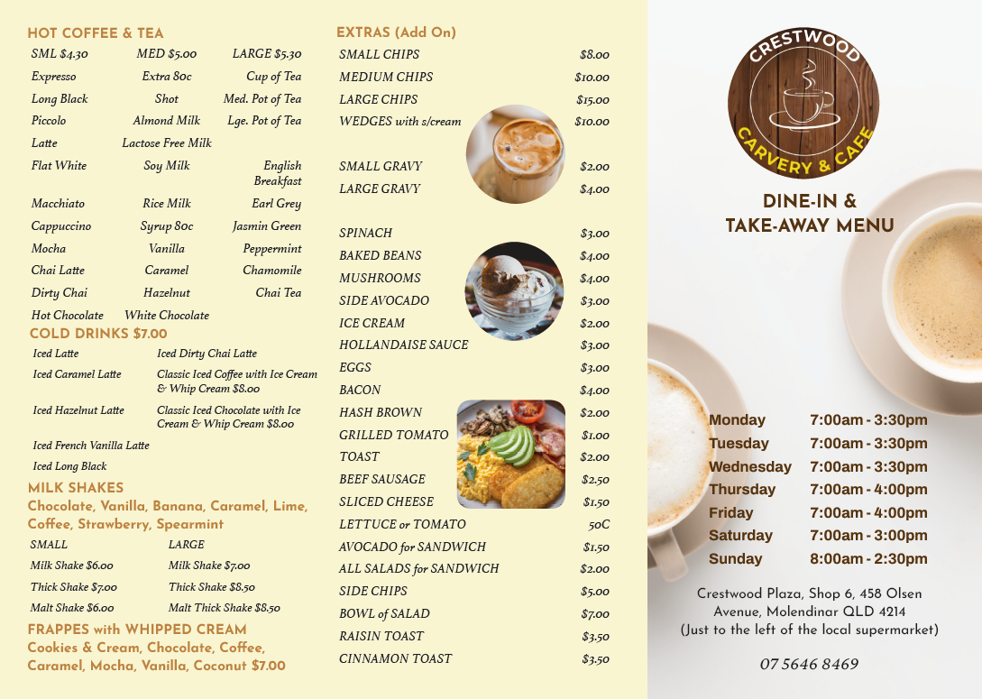 Menu, Crestwood Carvery and Cafe