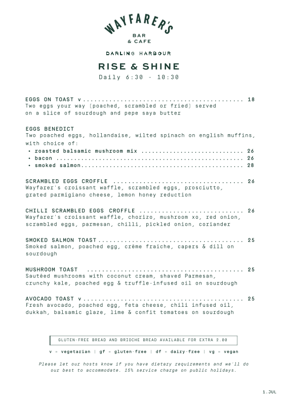 Menu, Wayfarer’s Bar & Café
