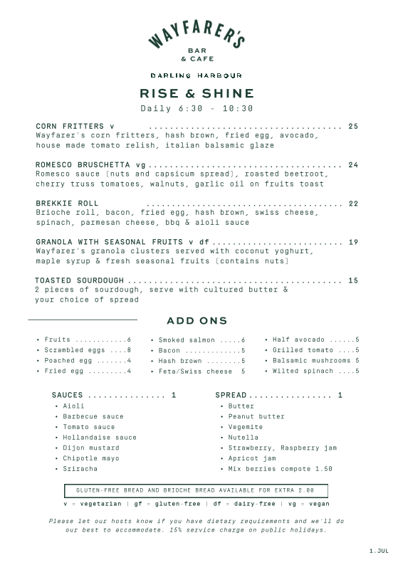 Menu, Wayfarer’s Bar & Café