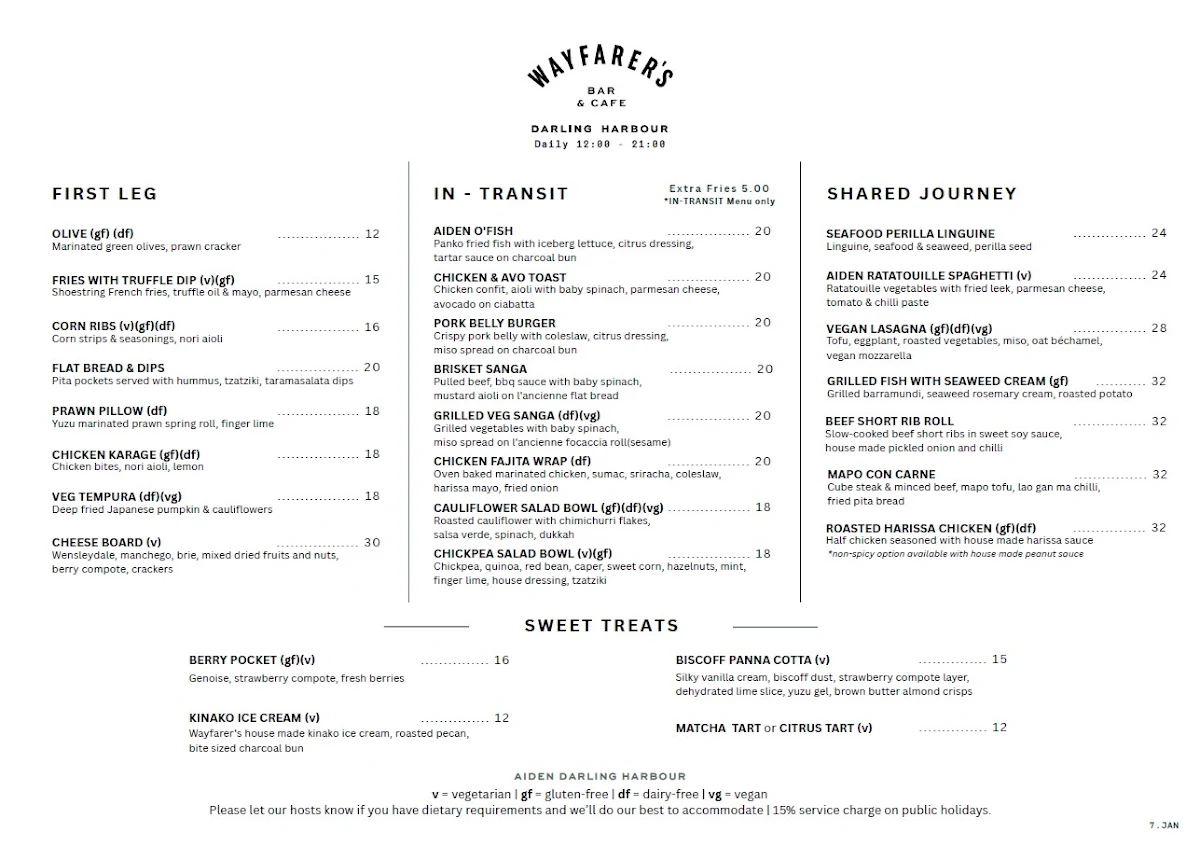 Menu, Wayfarer’s Bar & Café