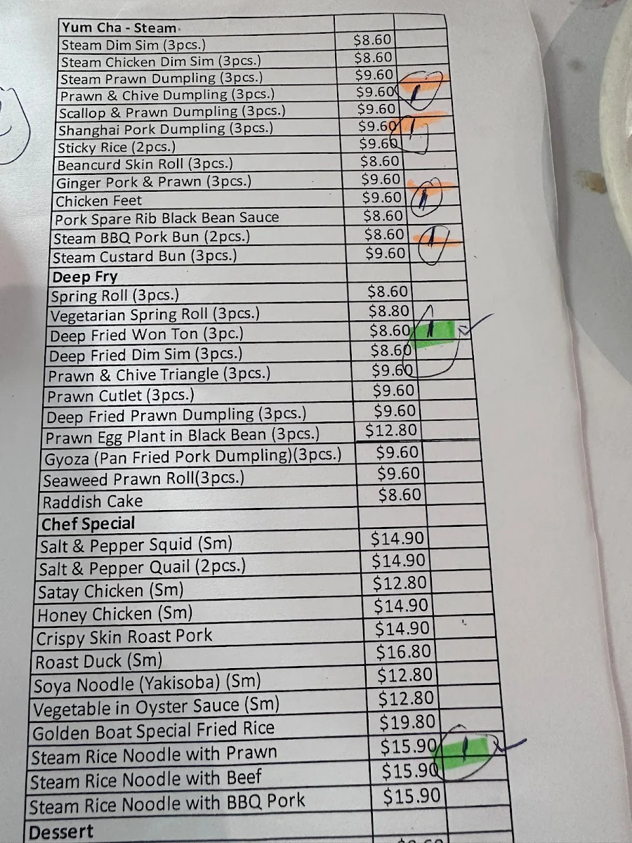 Menu, Golden Boat Chinese Restaurant