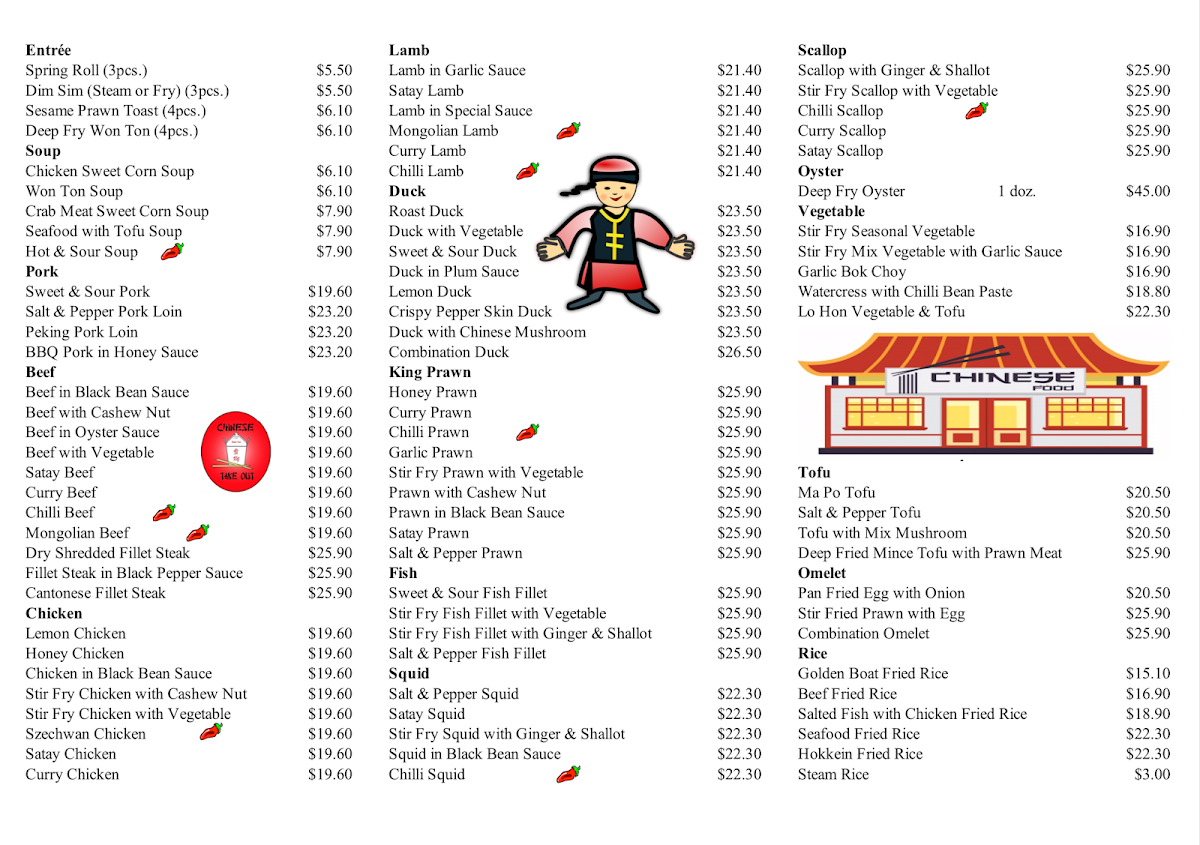 Menu, Golden Boat Chinese Restaurant