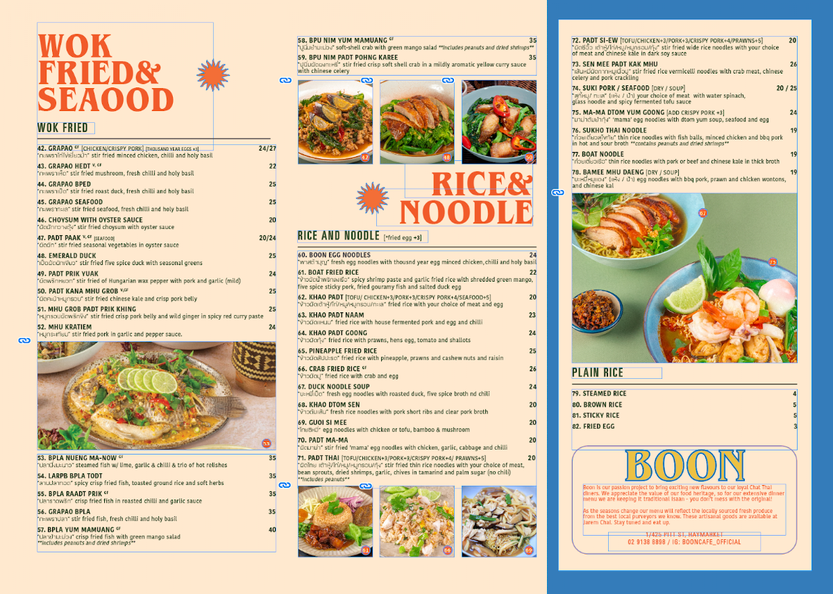 Menu, BOON Restaurant and café