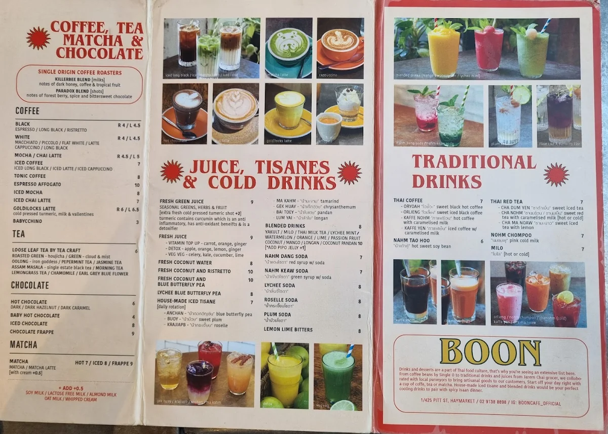Menu, BOON Restaurant and café