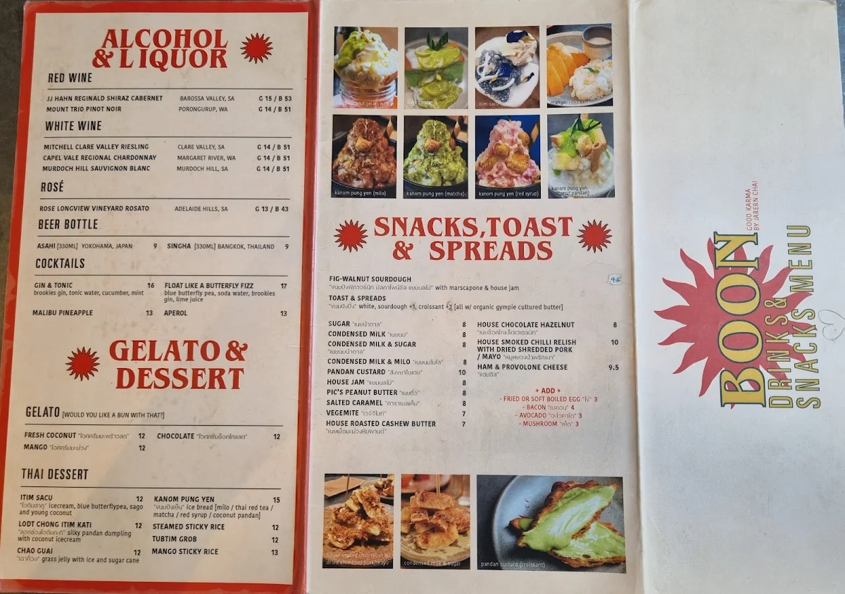 Menu, BOON Restaurant and café