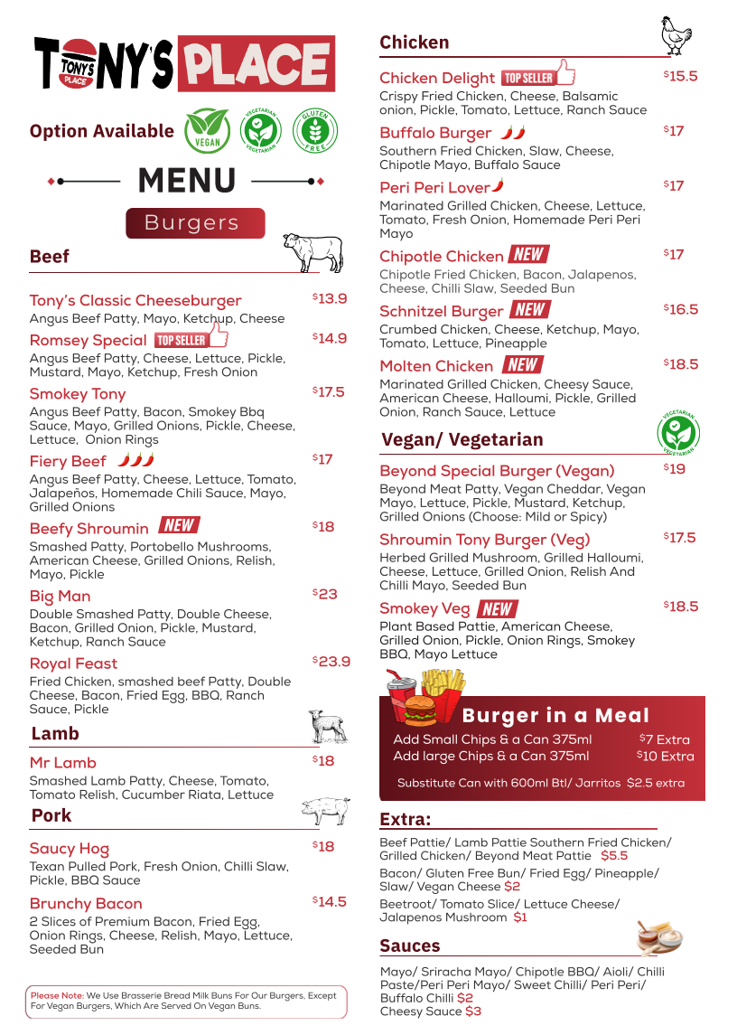 Menu, Tony's Place Romsey