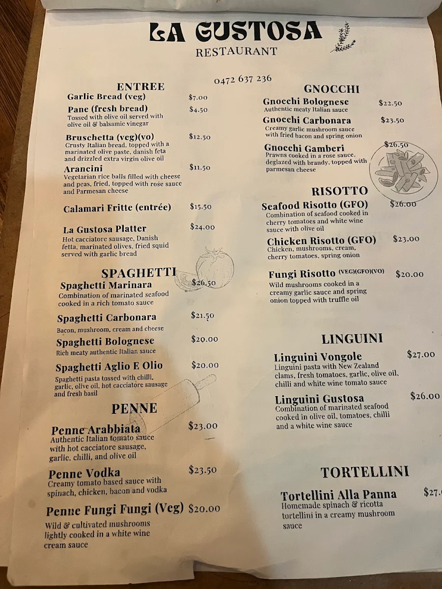 Menu, La Gustosa Restaurant