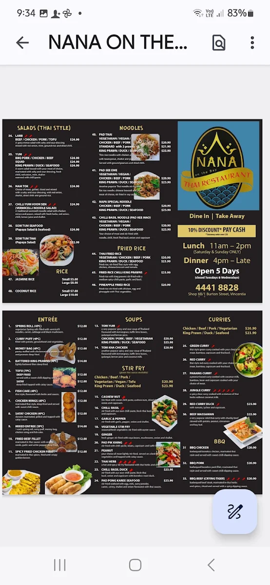 Menu, Nana on the bay Thai Restaurant