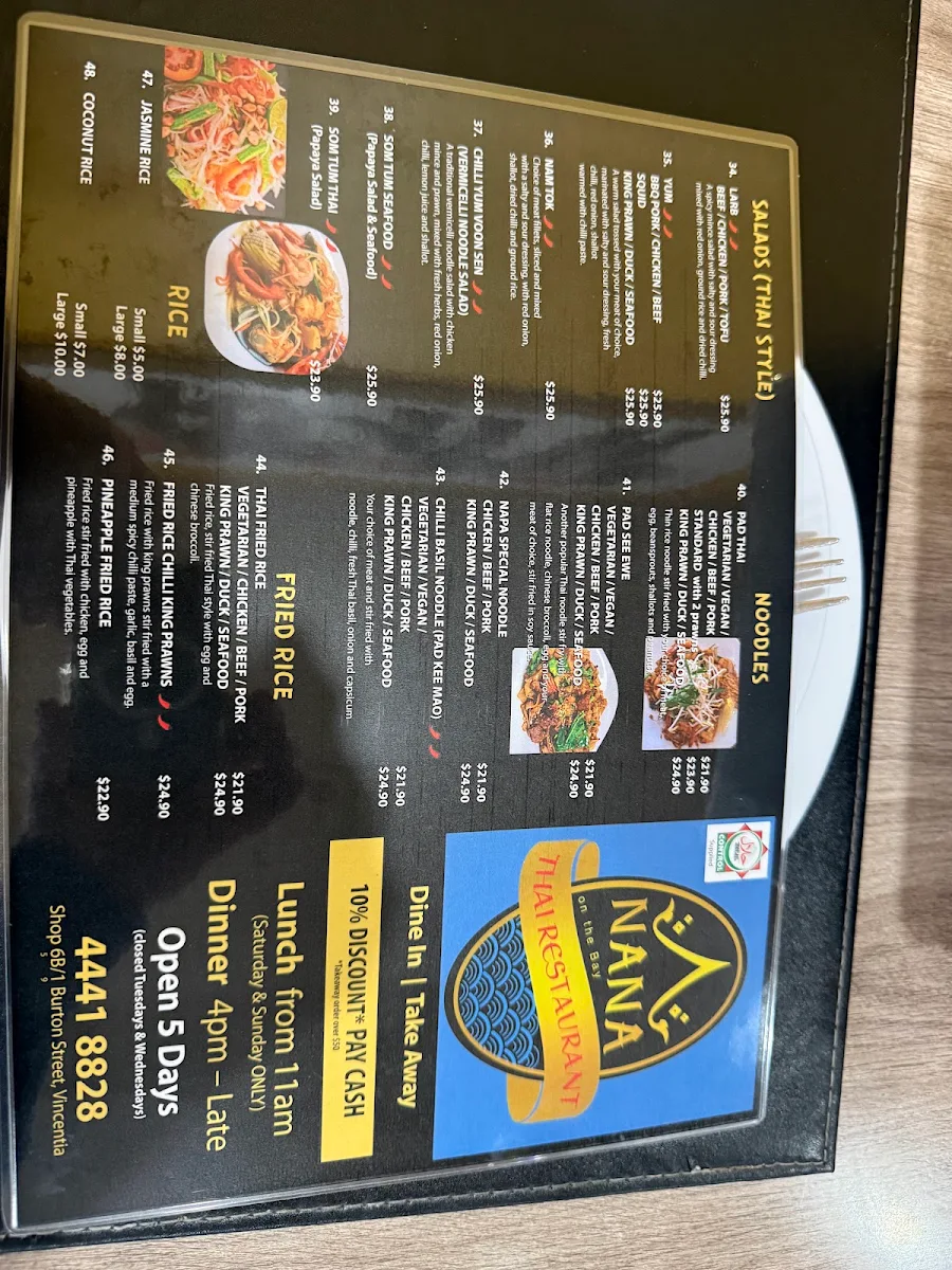 Menu, Nana on the bay Thai Restaurant