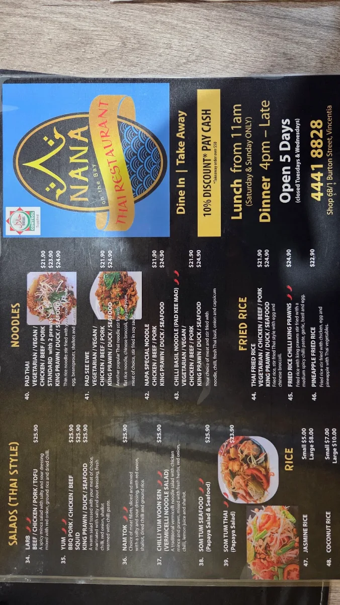Menu, Nana on the bay Thai Restaurant