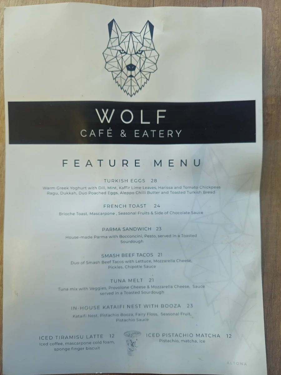 Menu, Wolf Cafe & Eatery
