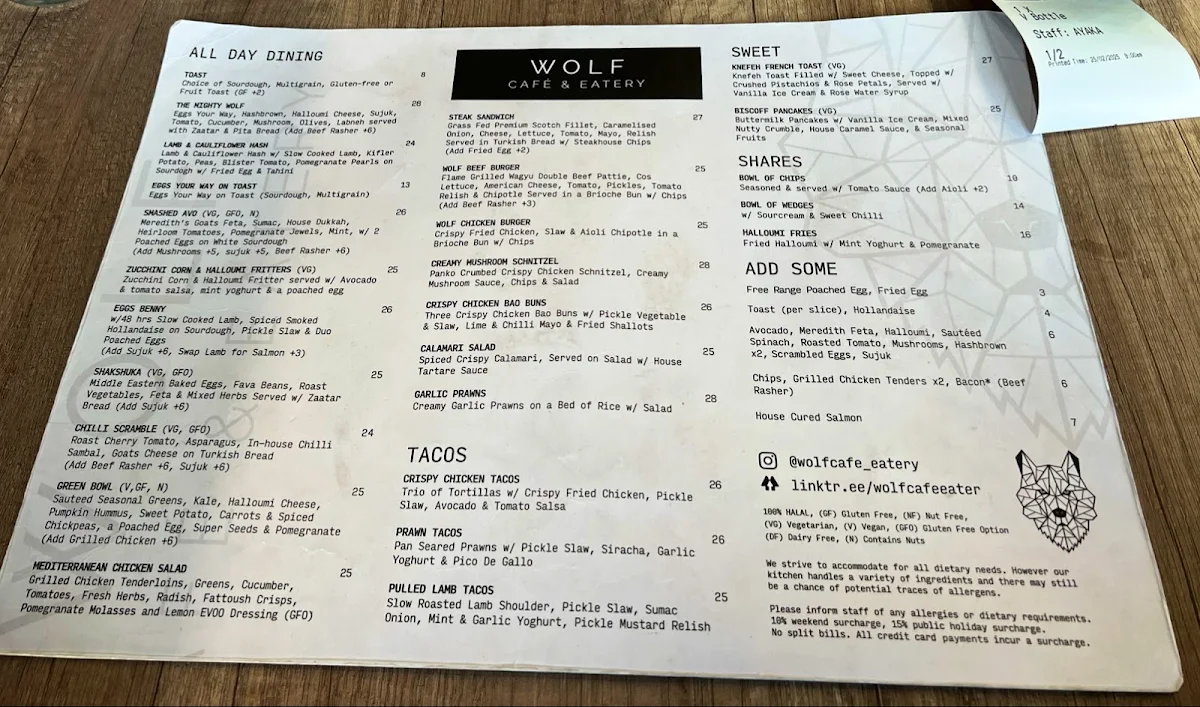 Menu, Wolf Cafe & Eatery