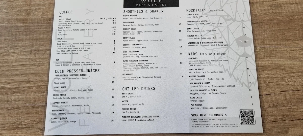 Menu, Wolf Cafe & Eatery