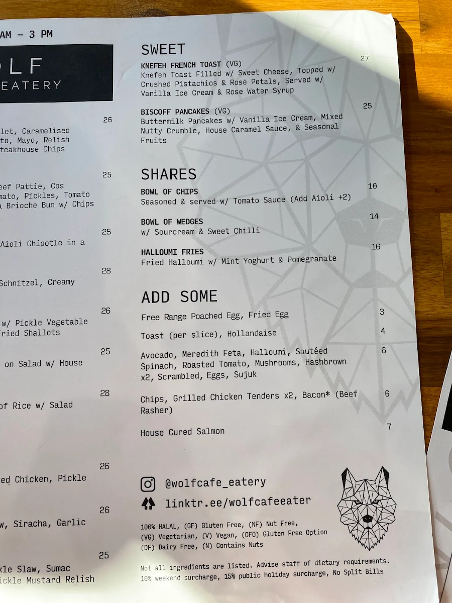 Menu, Wolf Cafe & Eatery
