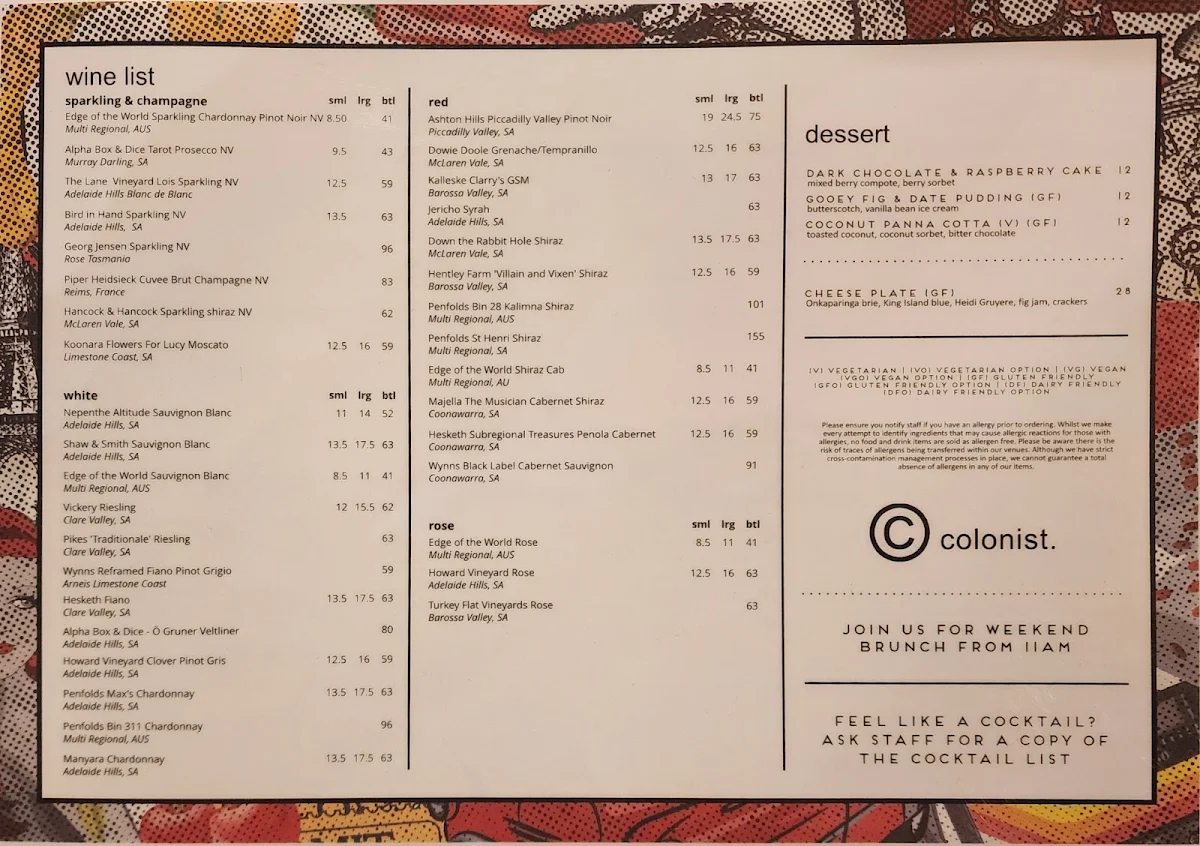 Menu, The Colonist