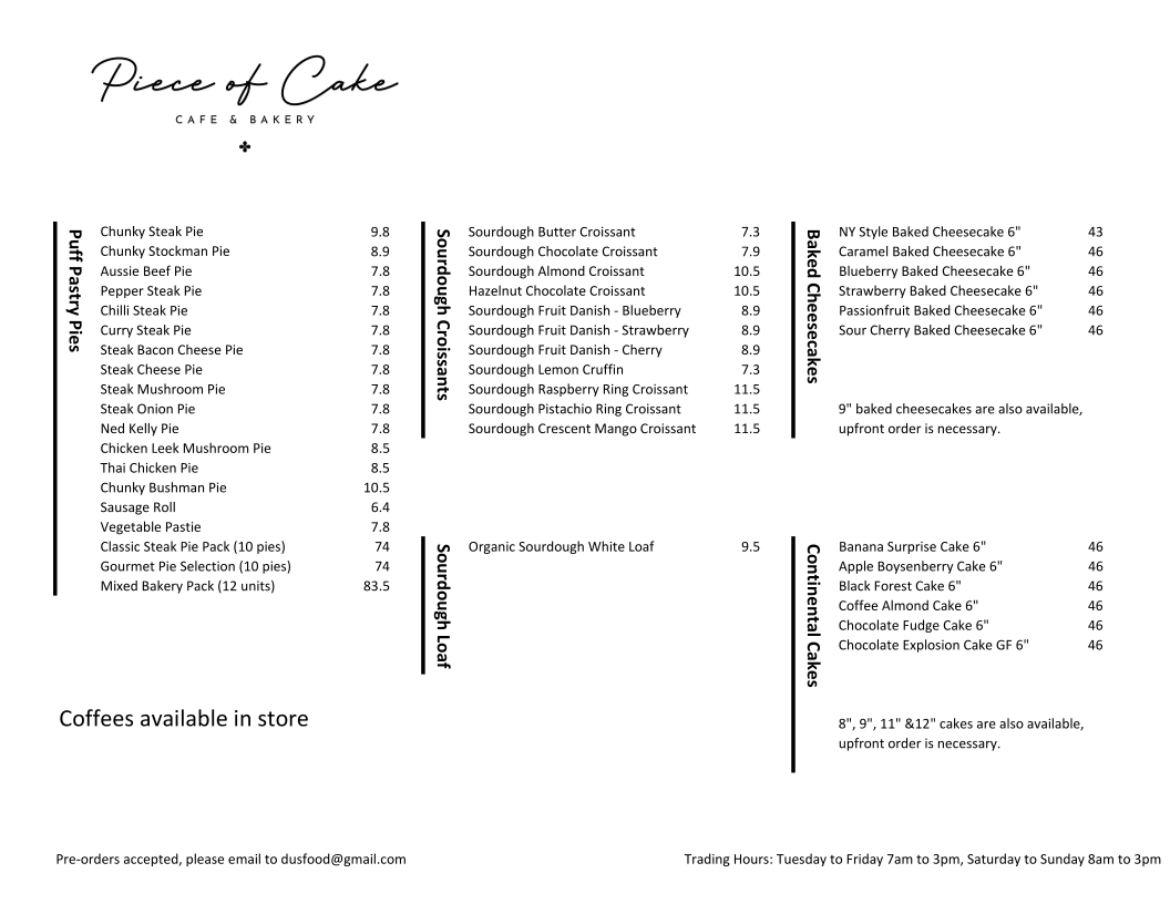 Menu, Piece of Cake Bakery
