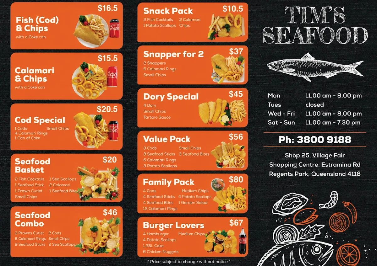 Menu, Tim’s Seafood