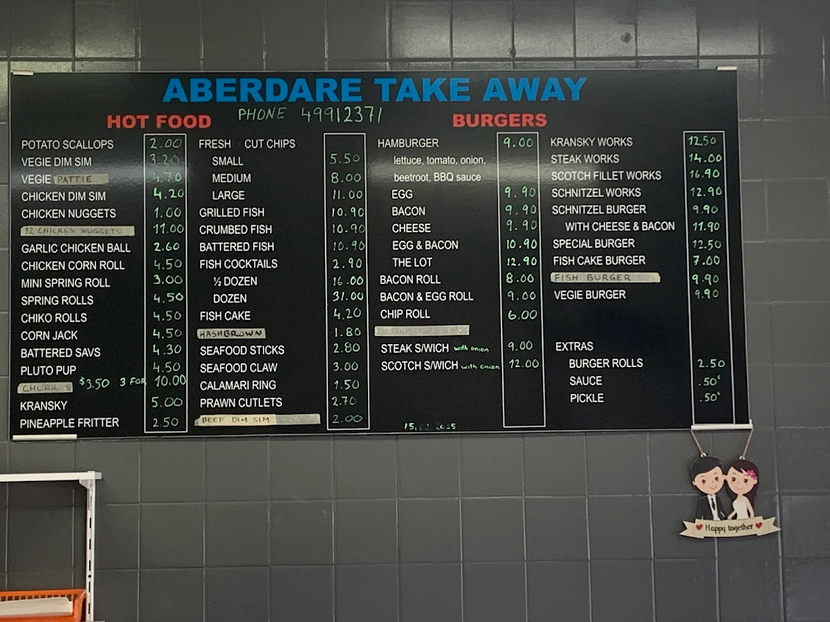 Menu, Aberdare Take Away Shop