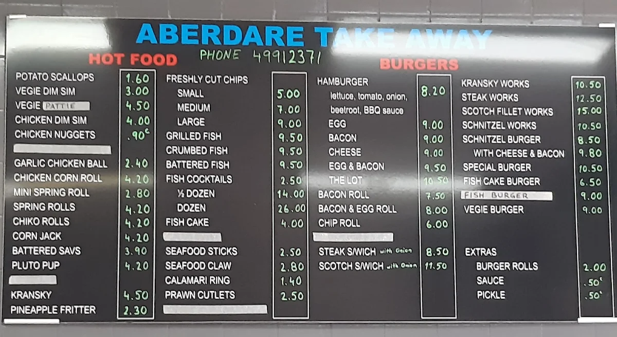 Menu, Aberdare Take Away Shop