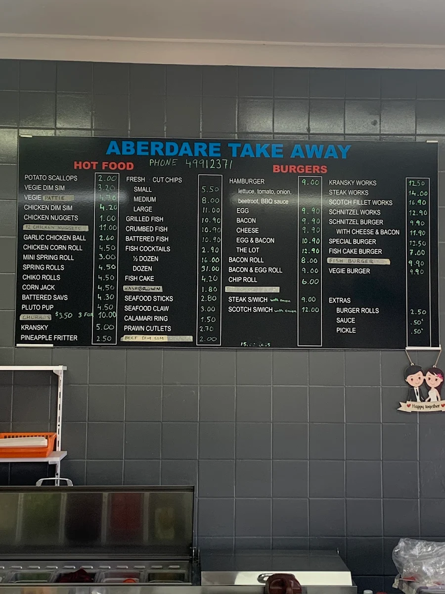 Menu, Aberdare Take Away Shop