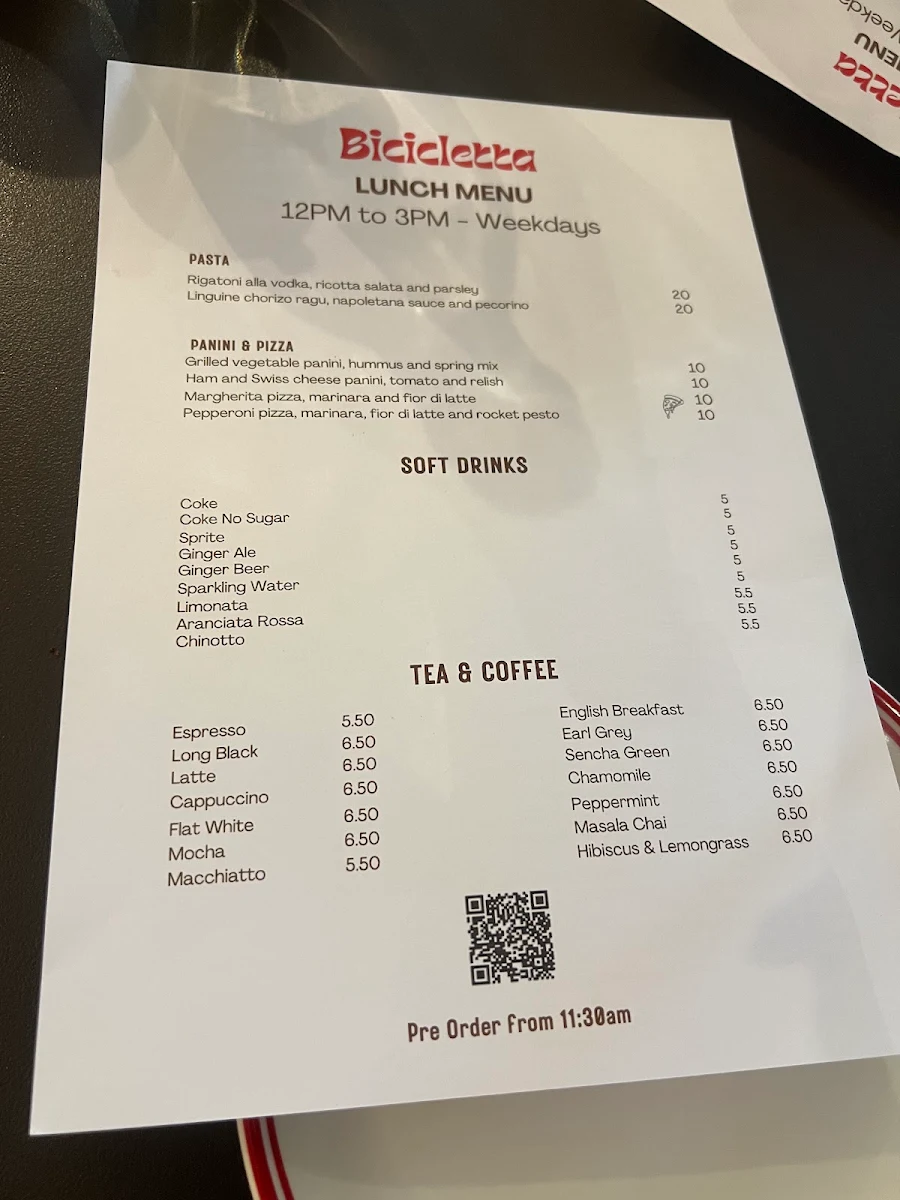 Menu, Bicicletta Restaurant