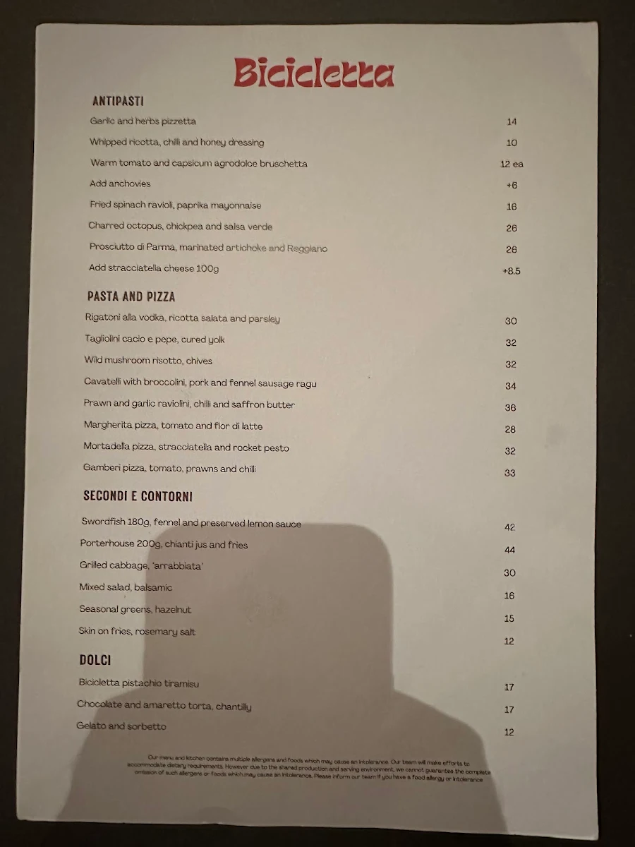 Menu, Bicicletta Restaurant