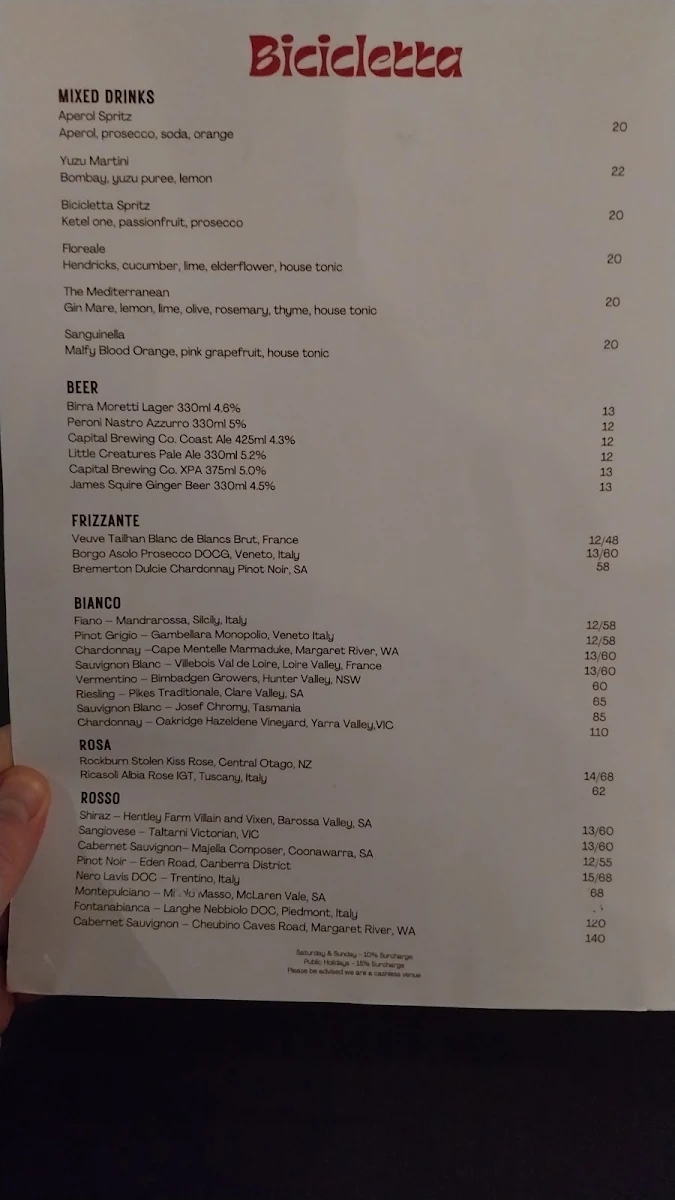 Menu, Bicicletta Restaurant
