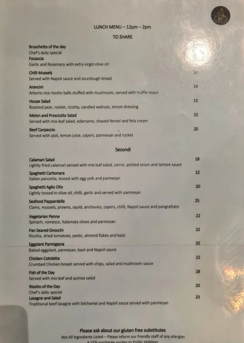 Menu, Bicicletta Restaurant