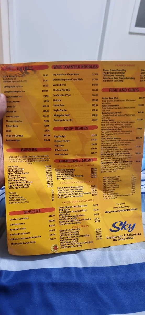Menu, SKY Restaurant Karratha
