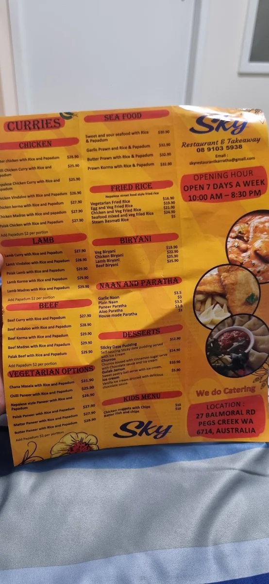 Menu, SKY Restaurant Karratha