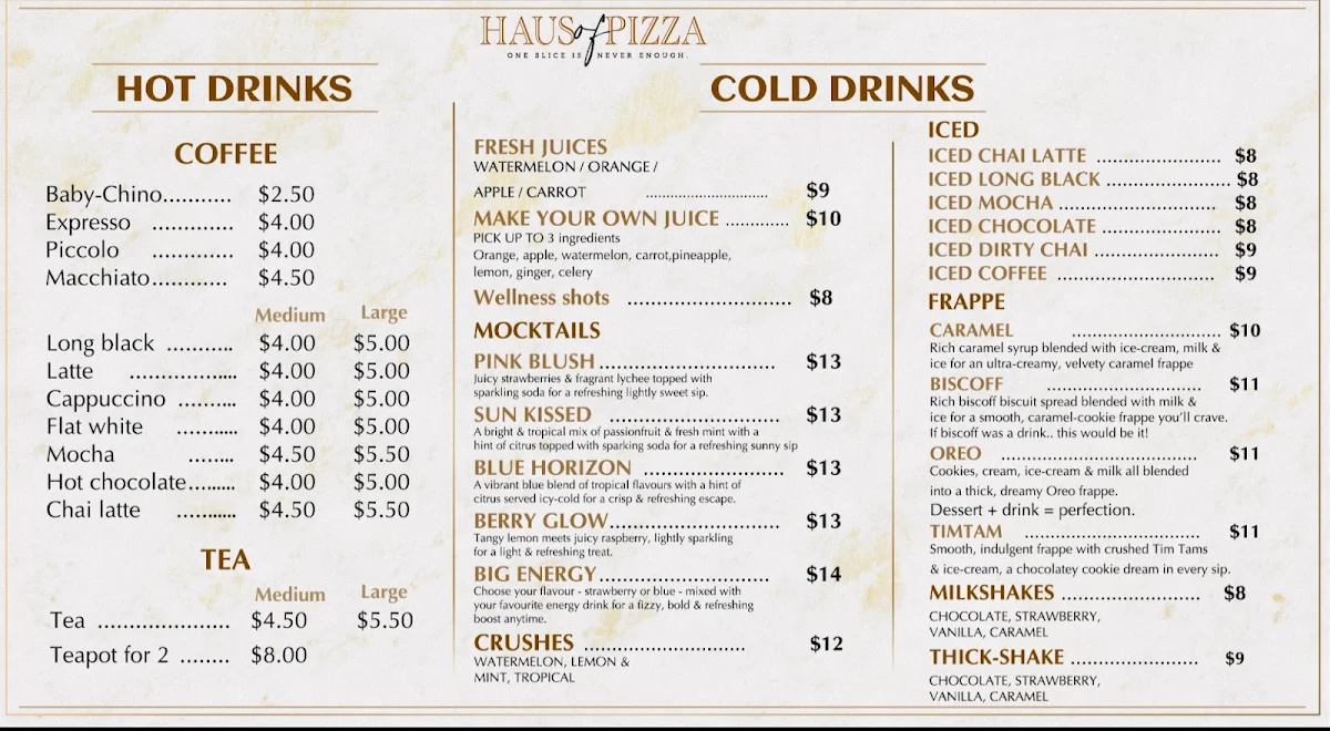Menu, Haus Of Pizza Cafe