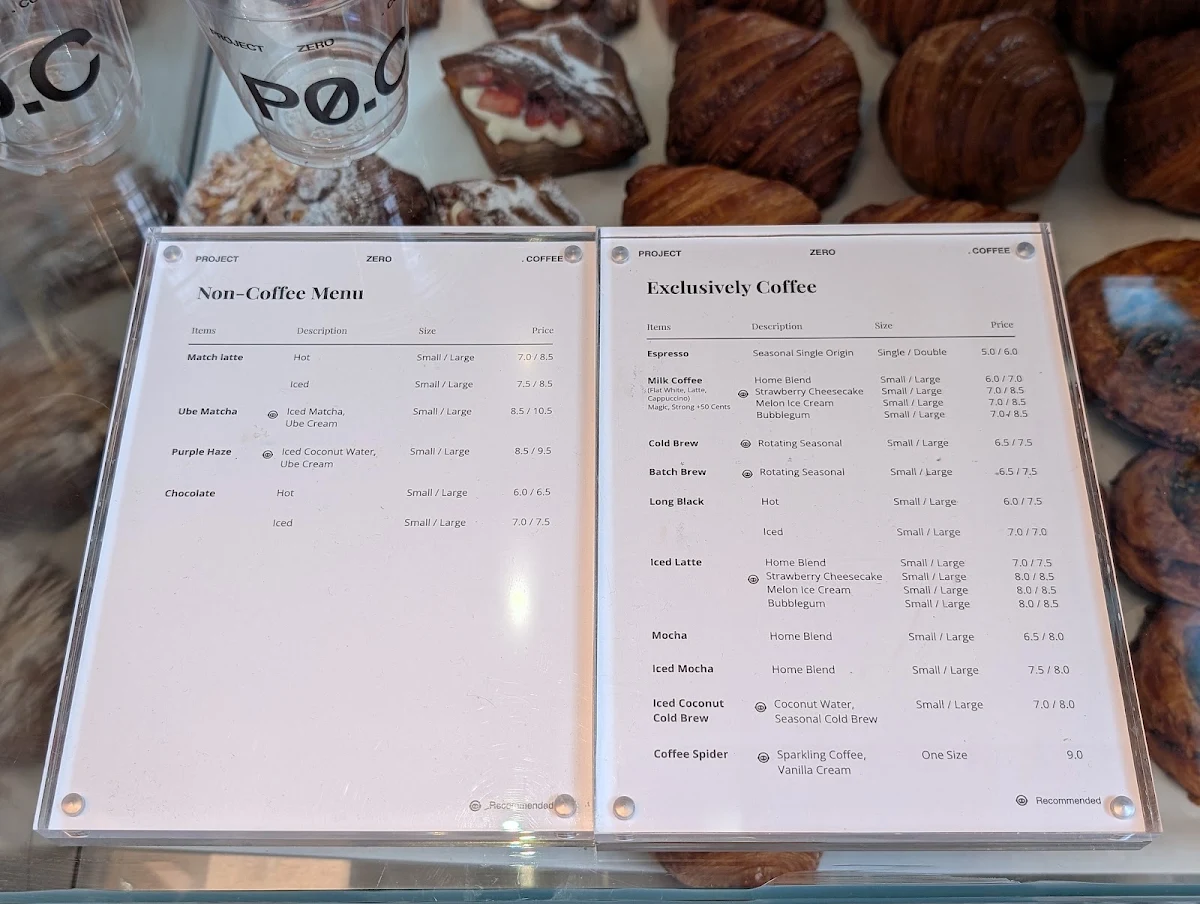Menu, Project Zero Coffee Flinders St