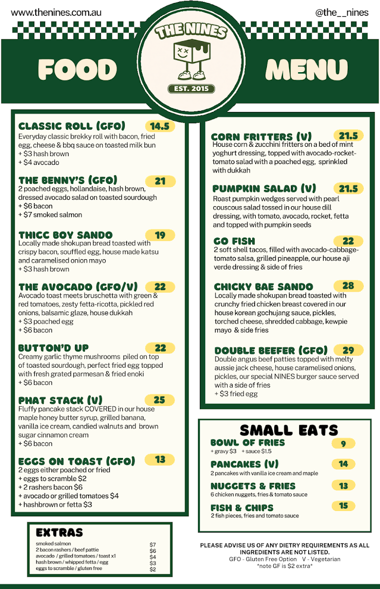 Menu, The Nines