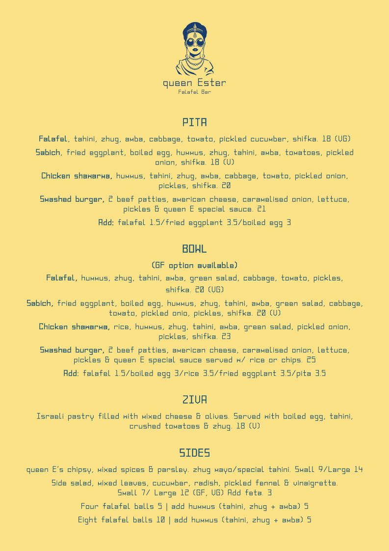 Menu, Queen Ester Falafel Bar _ Mona Vale