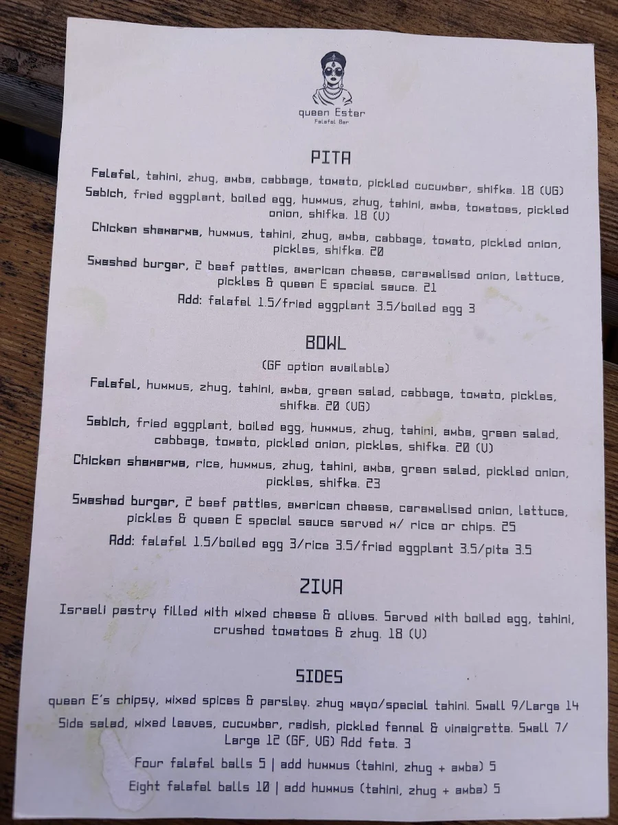 Menu, Queen Ester Falafel Bar _ Mona Vale