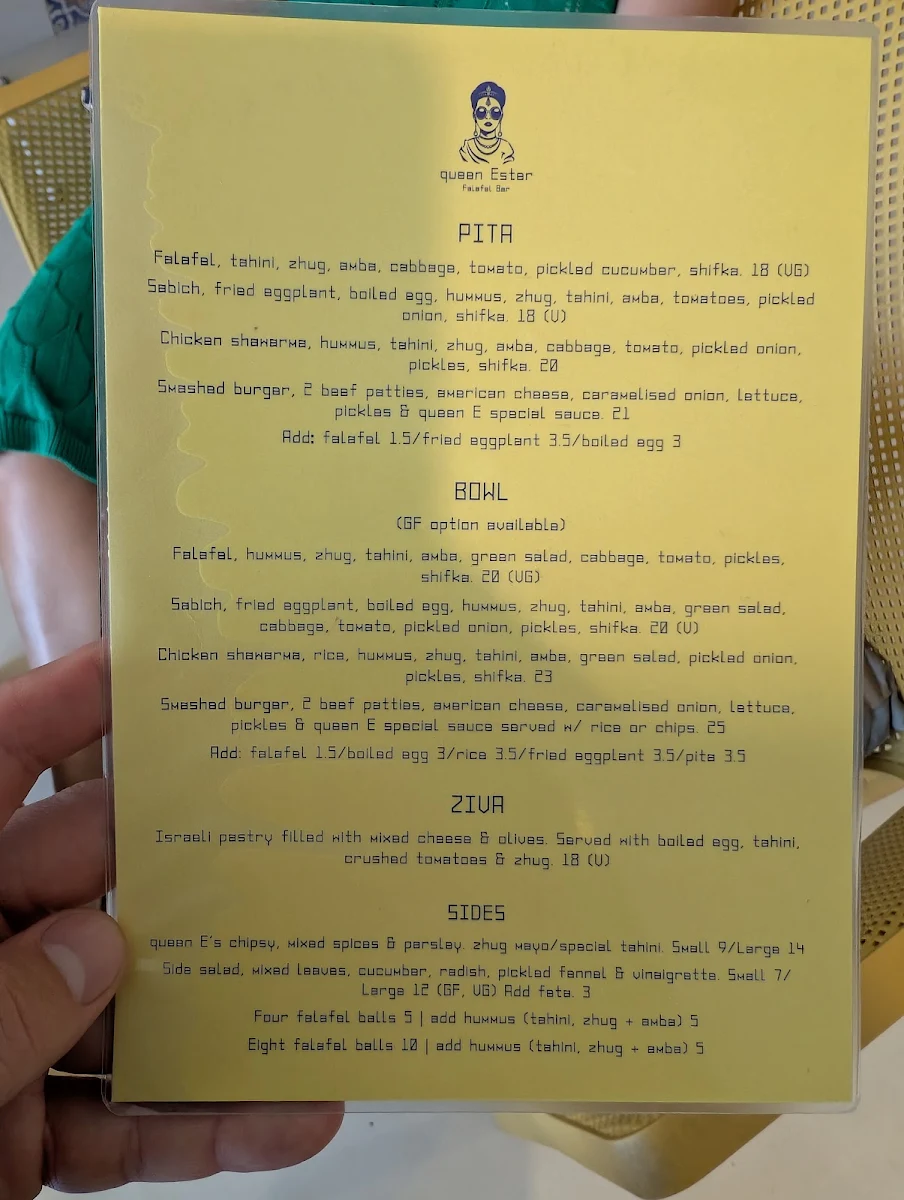 Menu, Queen Ester Falafel Bar _ Mona Vale