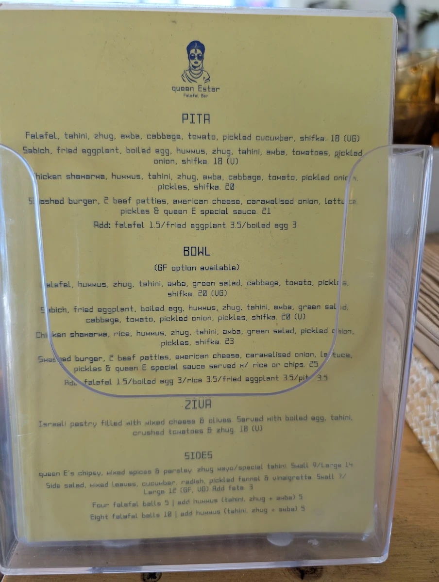 Menu, Queen Ester Falafel Bar _ Mona Vale