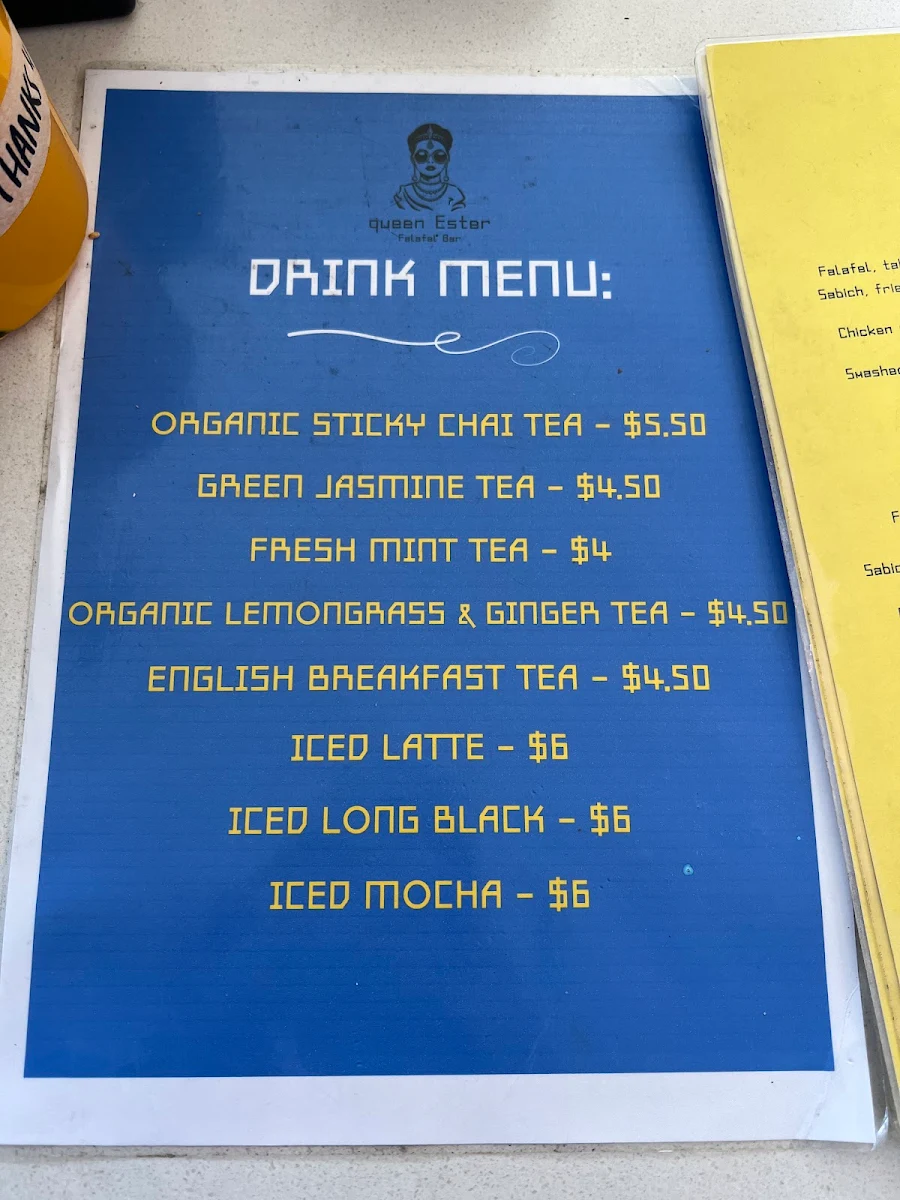 Menu, Queen Ester Falafel Bar _ Mona Vale