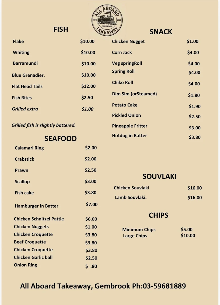 Menu, All Aboard Takeaway Gembrook