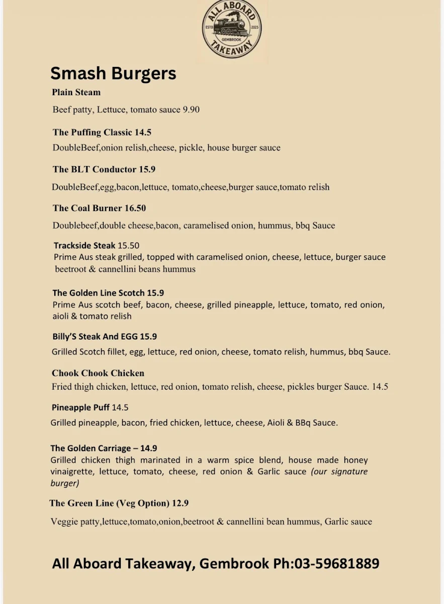 Menu, All Aboard Takeaway Gembrook