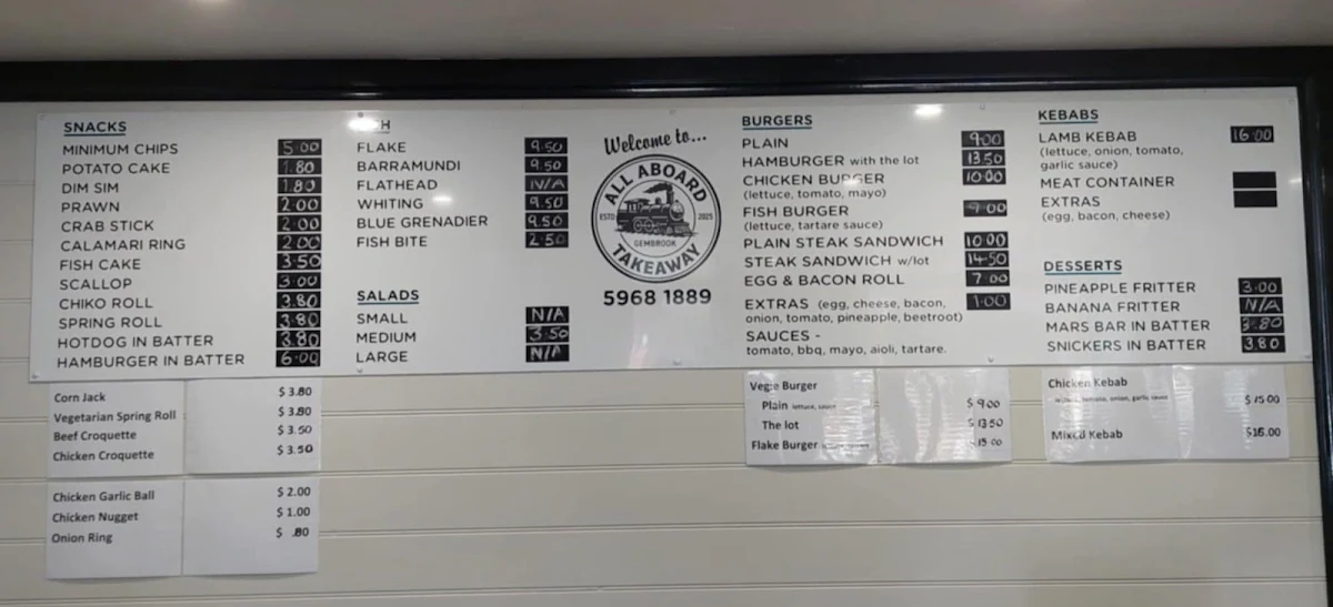 Menu, All Aboard Takeaway Gembrook