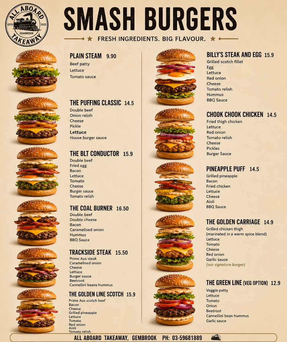 Menu, All Aboard Takeaway Gembrook