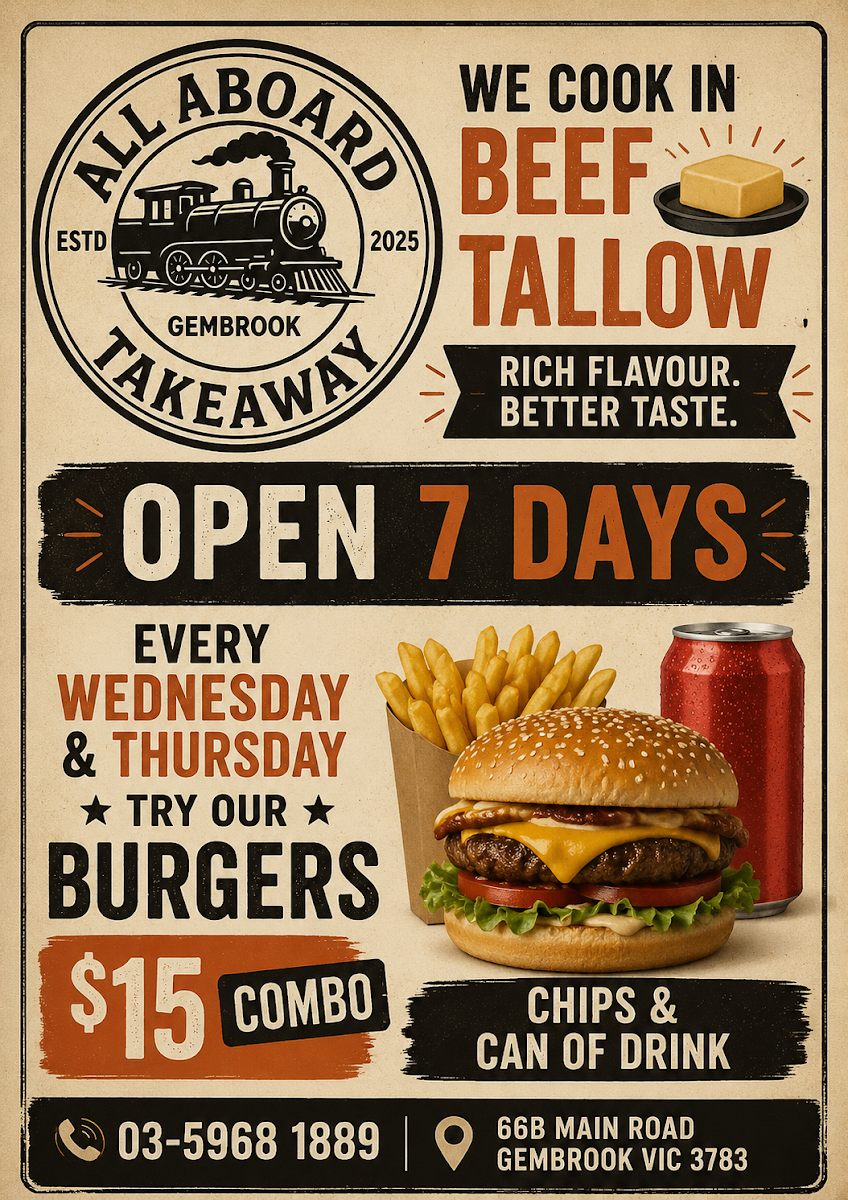 Menu, All Aboard Takeaway Gembrook