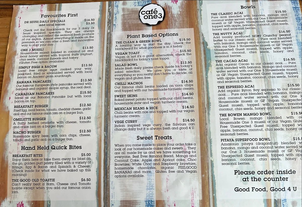 Menu, Cafe One 3