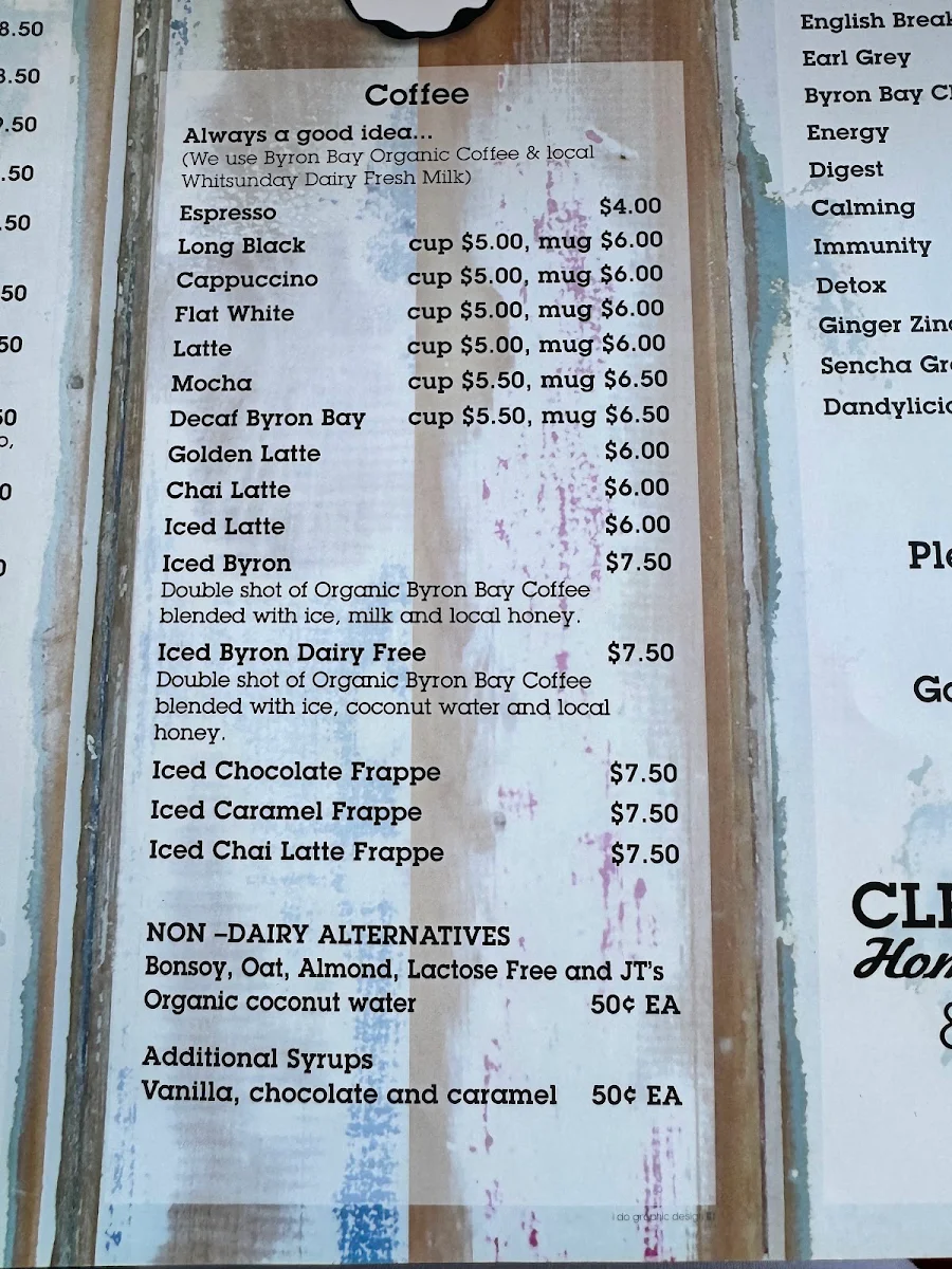 Menu, Cafe One 3