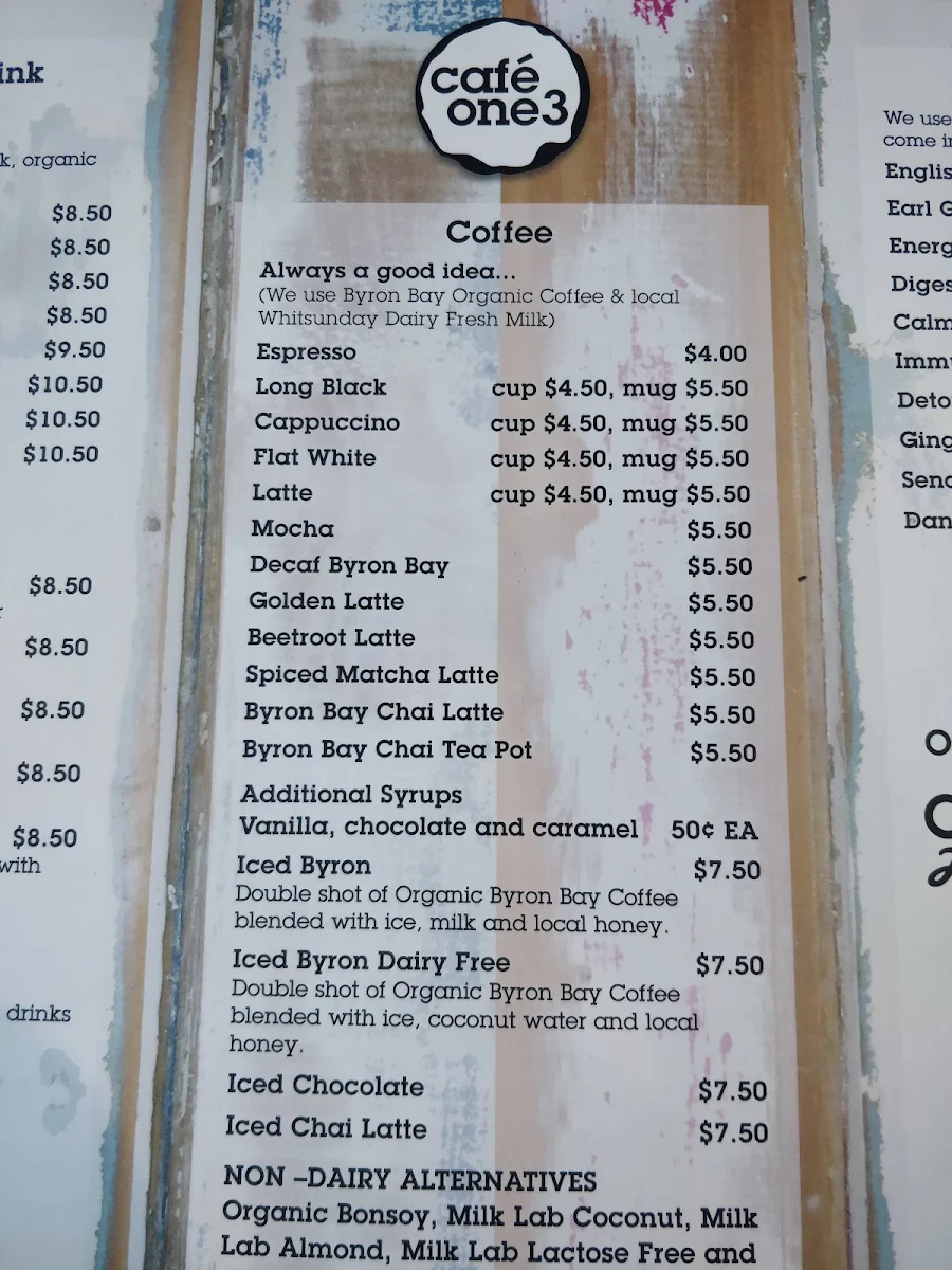 Menu, Cafe One 3