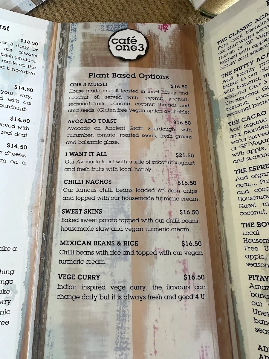 Menu, Cafe One 3