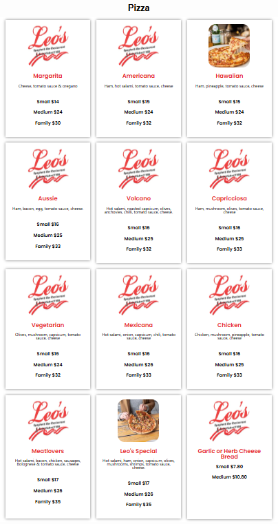 Menu, Leo's Spaghetti Bar